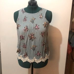 Blue flower print top with lace hem